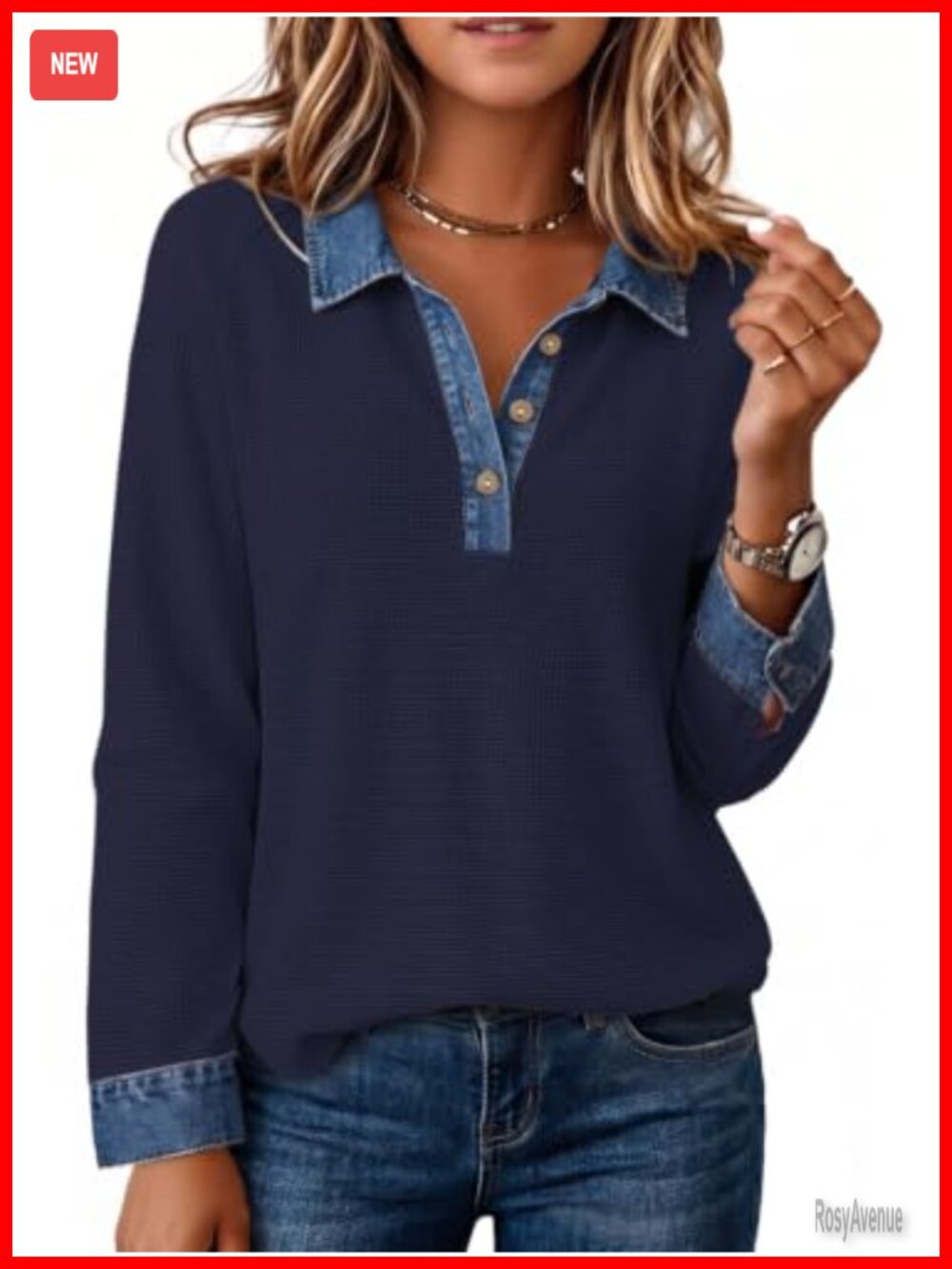 Waffle Knit Denim Trim Polo Sweatshirt Casual Fall Pullover